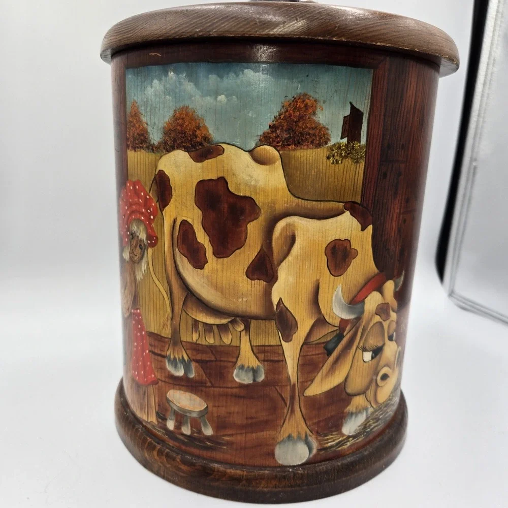 Vintage Mel's Wood Specialties Bucket Hand Painted Milk Cow Cottagecore Country‎